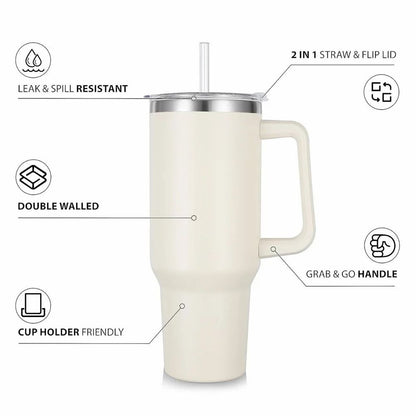 🔥LAST DAY 80%OFF✨Large Stainless Steel Insulated Tumbler |40oz Travel Mug with Handle & Straw – Hot & Cold